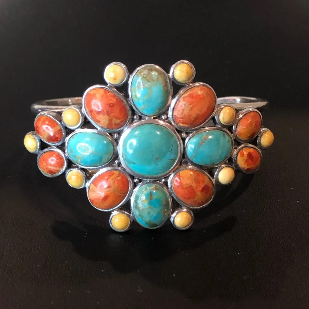 BARSE Sterling Silver Turquoise Spiny Oyster Coral Mosaic Inlay Cuff Bracelet Blue - Image 6