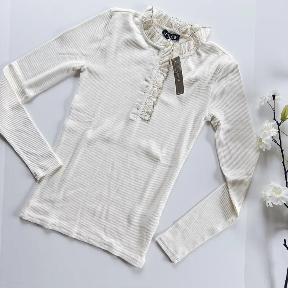 NEW J.Crew Vintage Rib Ruffle-Collar Henley T-shirt With Jewel Trim - Image 5