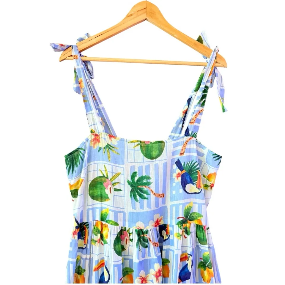 TRUE DESTINATIONS Tropical Toucan Print Tie Strap Midi Sundress Vacation Size L Blue Size L - Image 5
