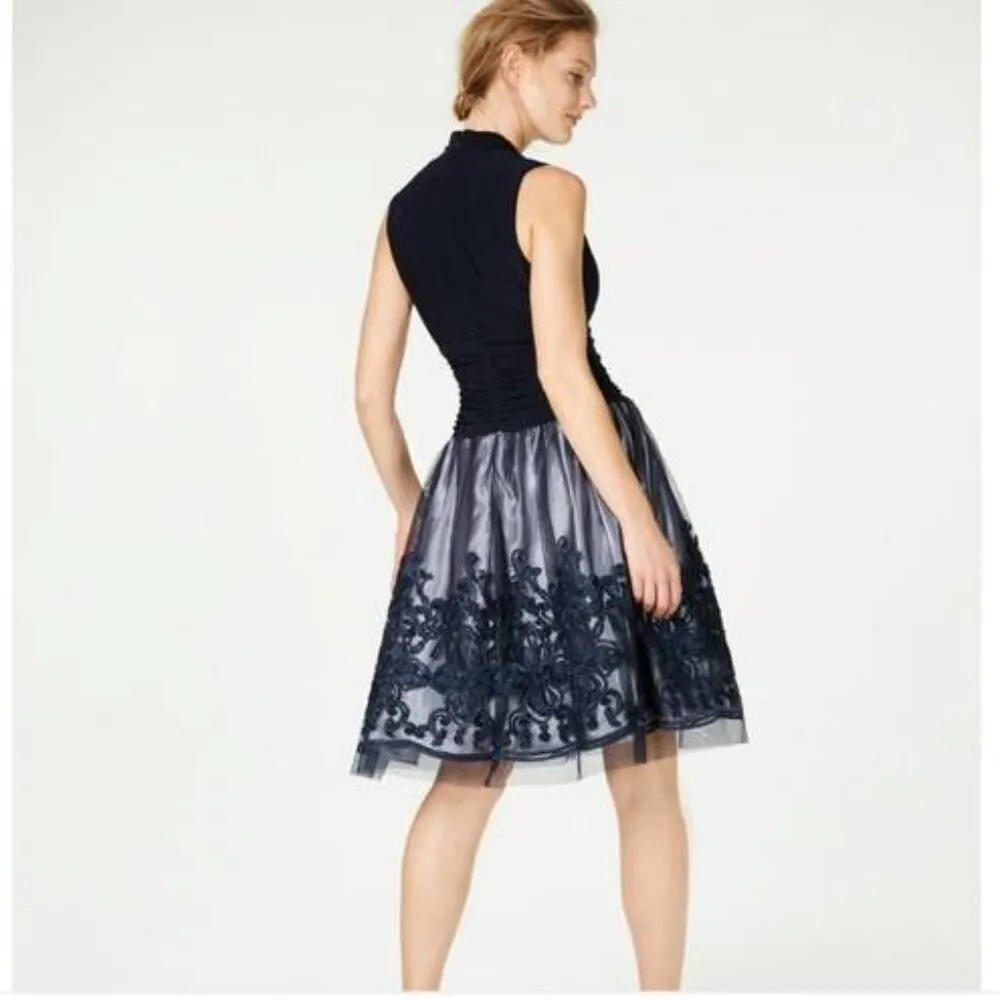 SLNY Missy Blue Fit & Flare Cocktail Party Dress Sleeveless Navy Size 6 Stretch - Image 4