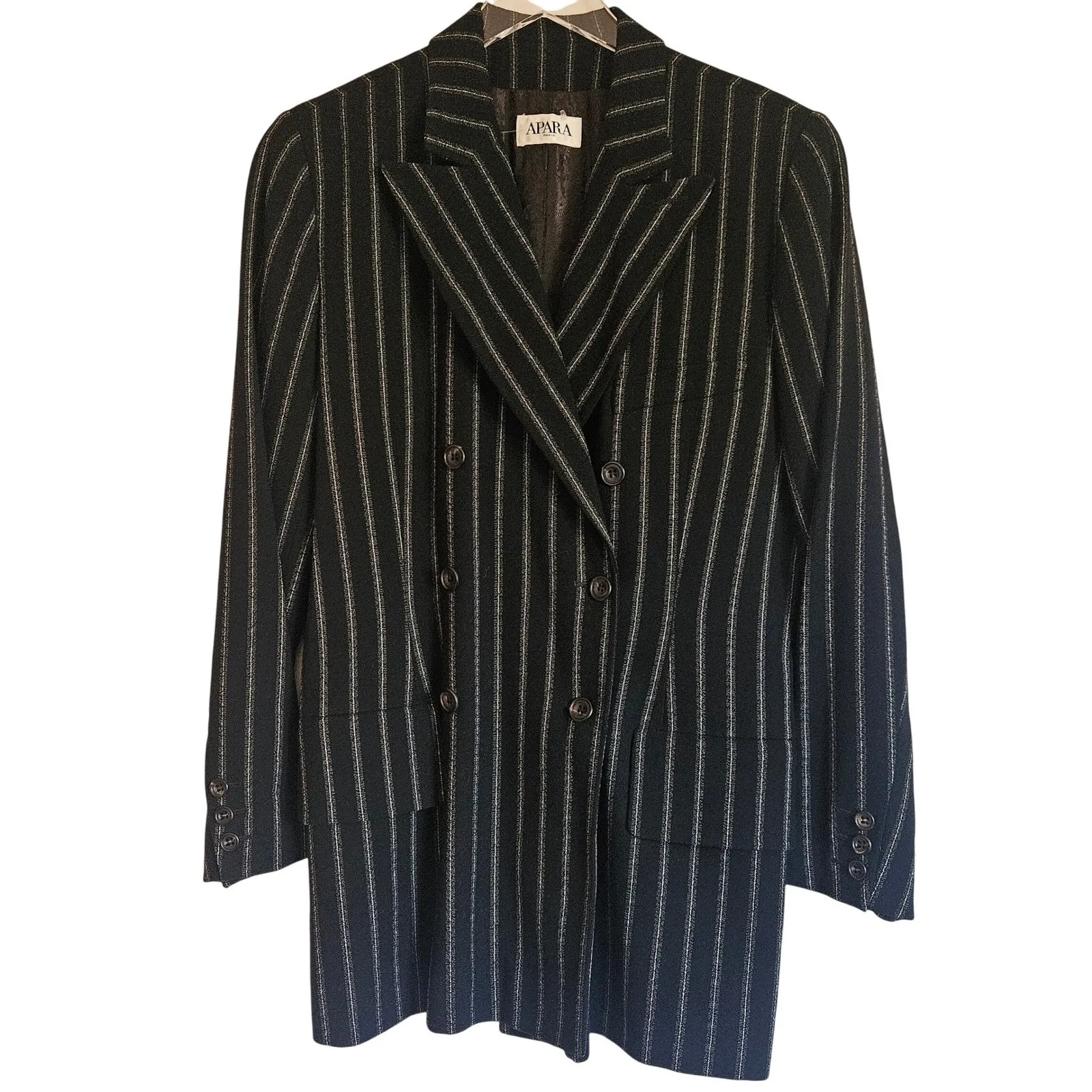 Apara Paris Pinstripe Blazer Women's Business Casual Wool Size 42‎ / XL Blue - Image 2