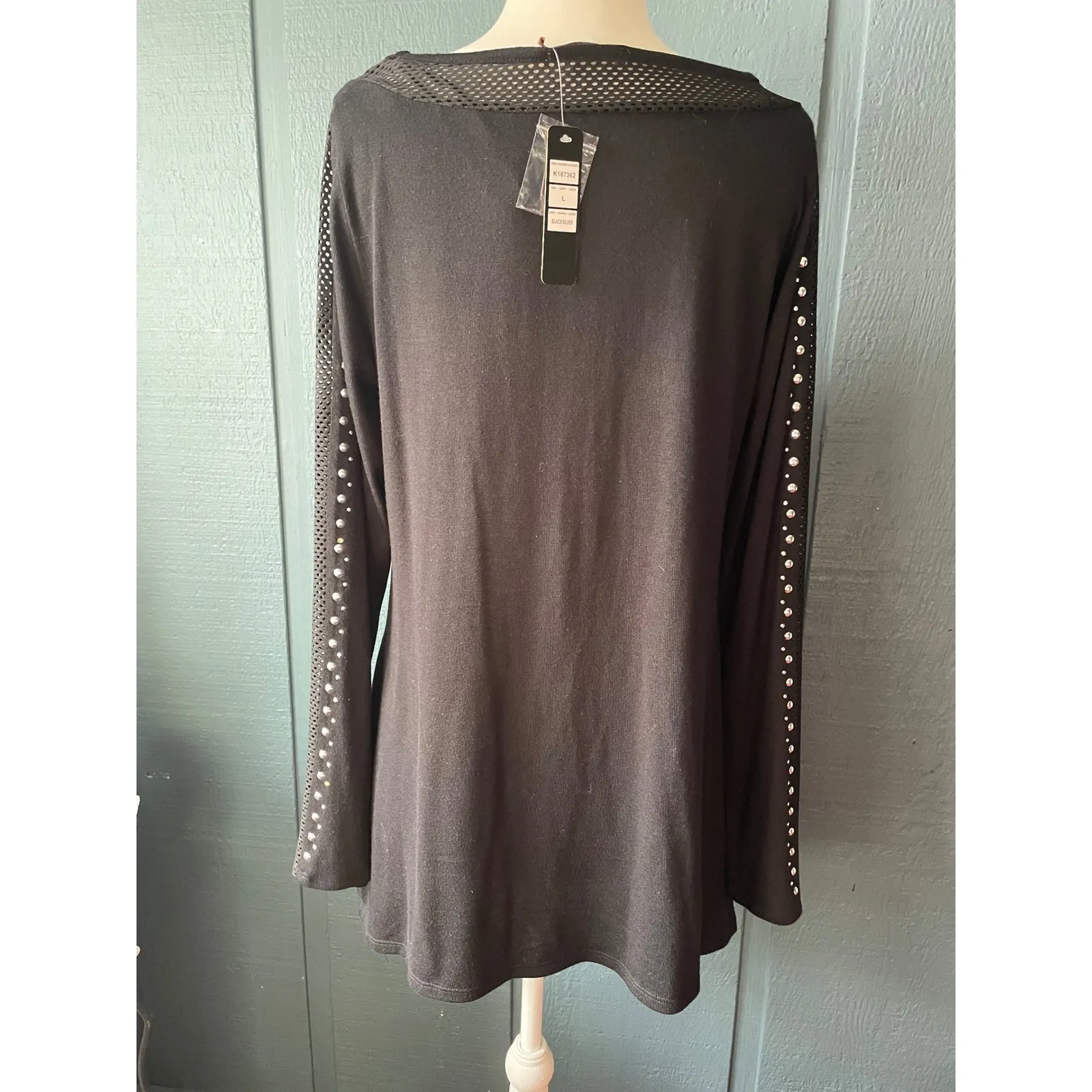 Womens Black Long Sleeve Studded Mesh Neck Embellished Tunic Top L Size L - Image 2