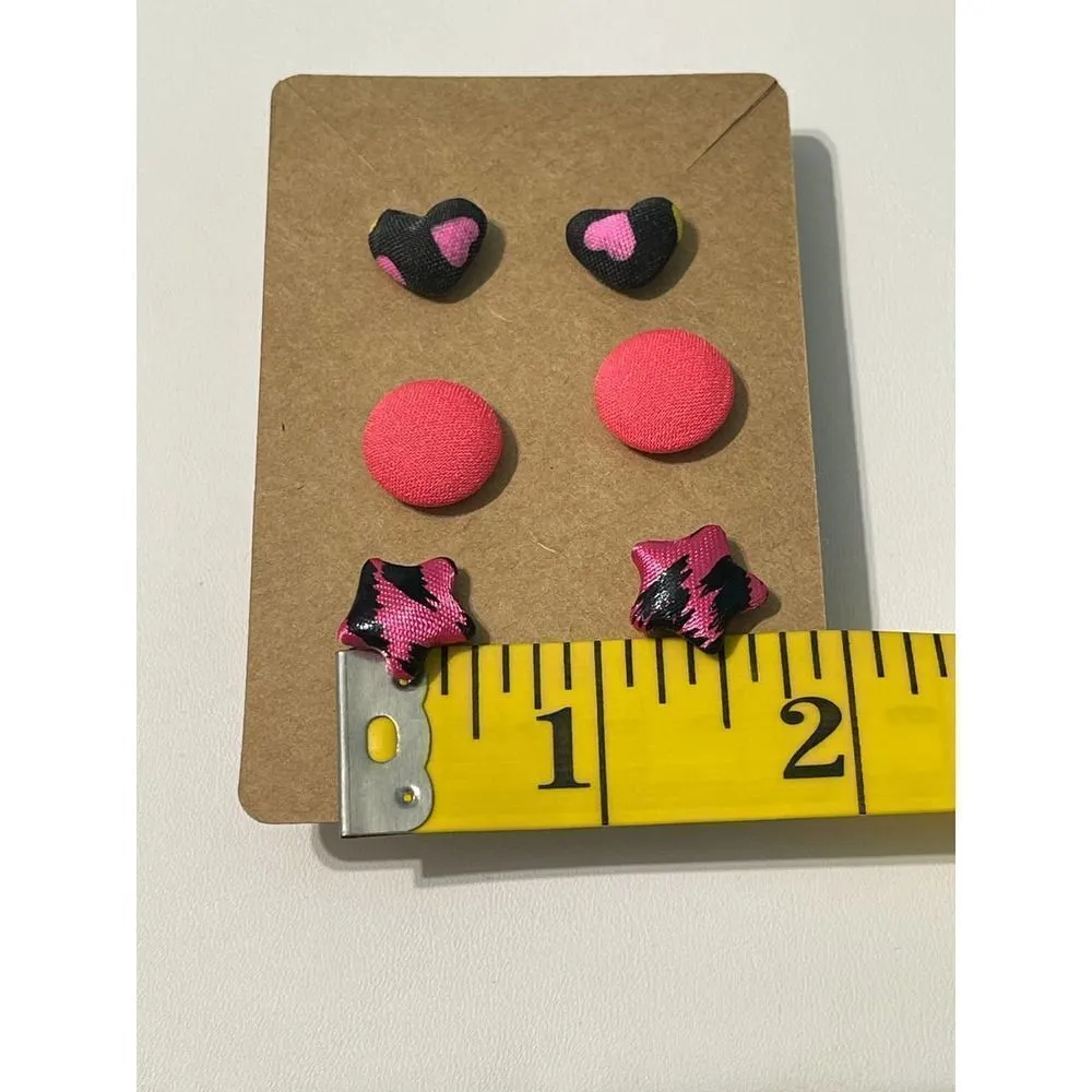 Fabric Covered Button Earring Stud Set Pink Black Set Hearts Stars Round Circles - Image 4