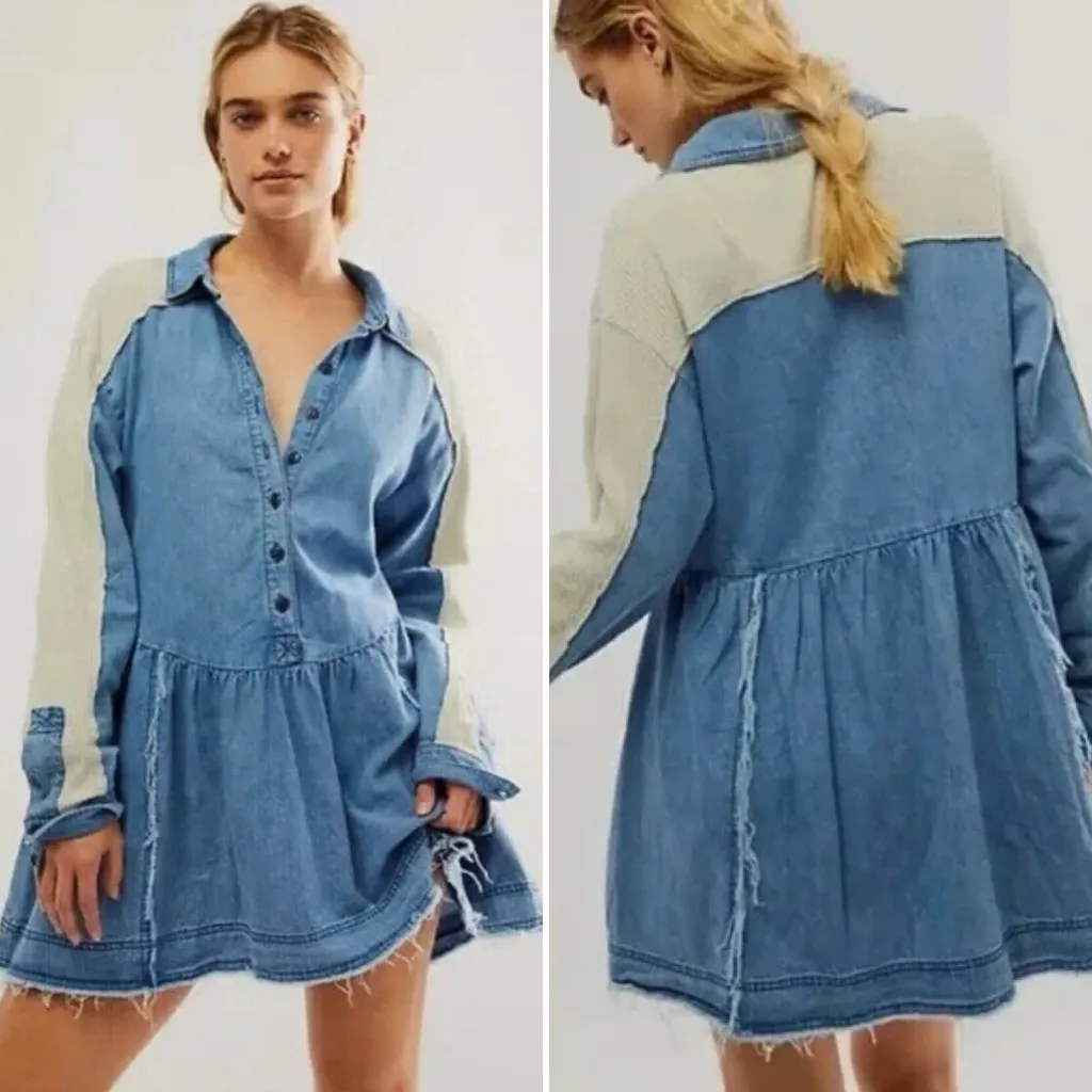 FREE PEOPLE Kenny Denim Mini Dress Tunic Waffle Raw Hem Boho Babydoll Size S - Image 2
