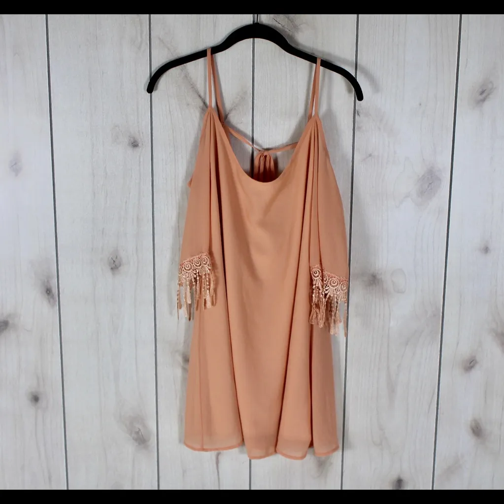 TOBI Peach Off Shoulder Mini Dress w/ Lace Sleeve Detail | Size S - Image 2