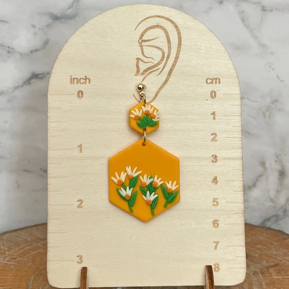 Handmade Polymer Clay Daisy Earrings Orange - Image 2