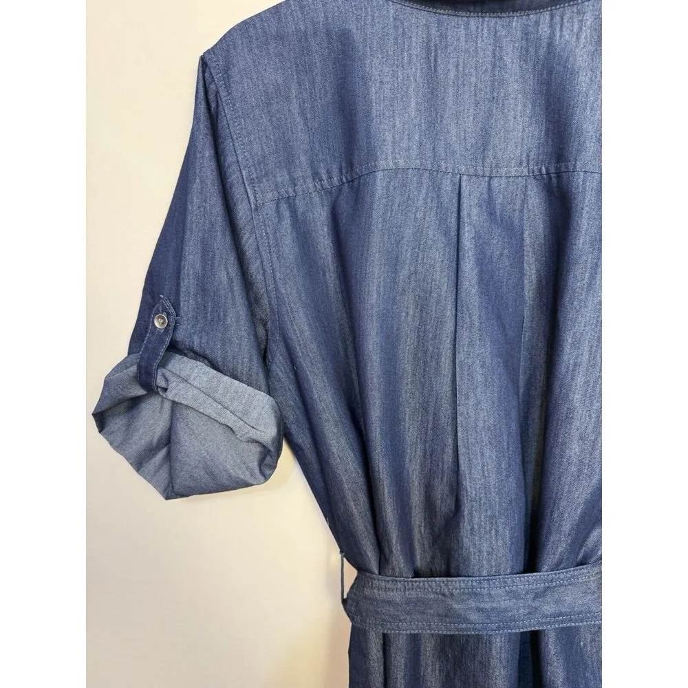 Given Kale Denim Dress‎ Belted Chambray Collared Embroidered 2X Roll Tab Sleeves Blue Size XXL - Image 5
