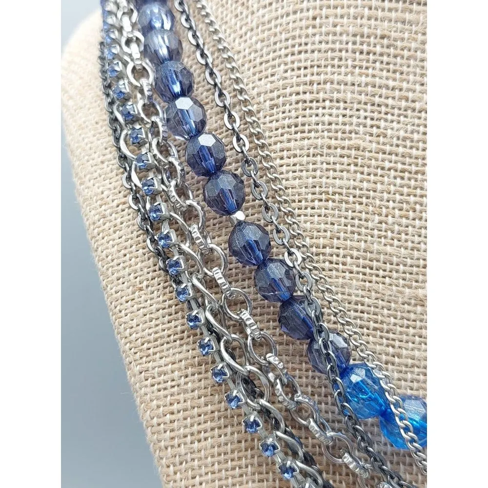 Multi Strand Silver Tone Chain Necklace Blue Bead Rhinestone Cup Rolo Gun Metal - Image 3
