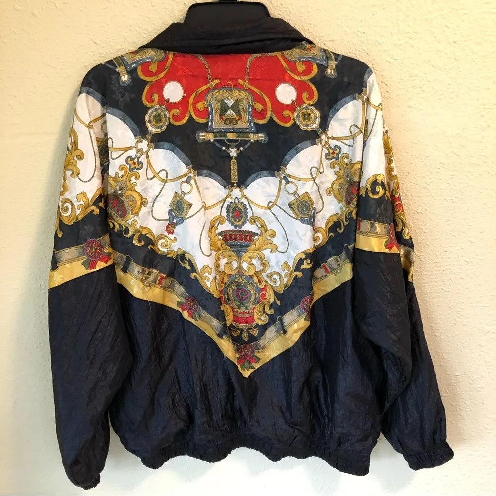 90S VINTAGE Baroque Silk Pattern pentathlon Windbreaker Jacket Large Black - Image 6