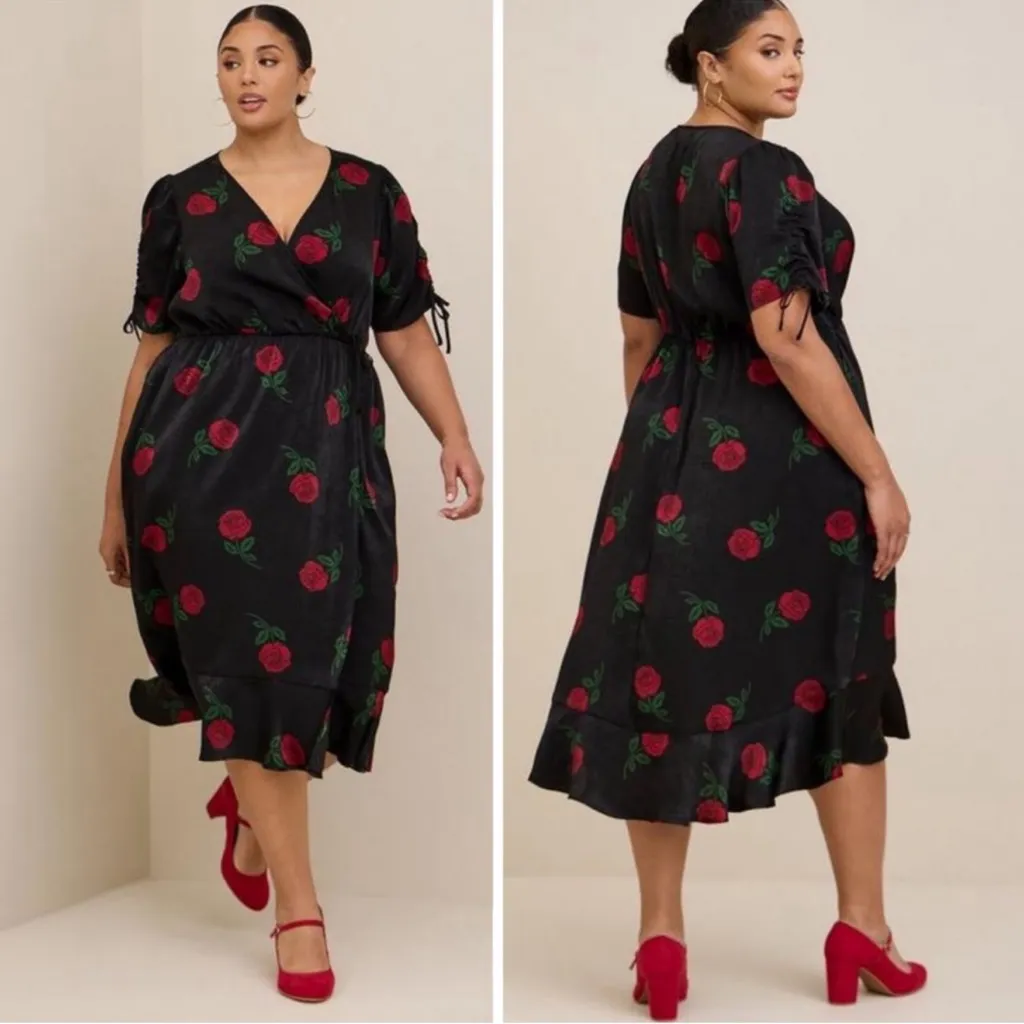Torrid Midi Brushed Charmeuse Wrap Dress Floral Rose Black Red Romantic Ruffle - Image 2