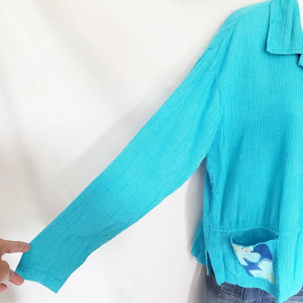 Play Alegre Womens Linen Blend Top iz Small Hand Painted Button Grannycore Boho Blue - Image 4