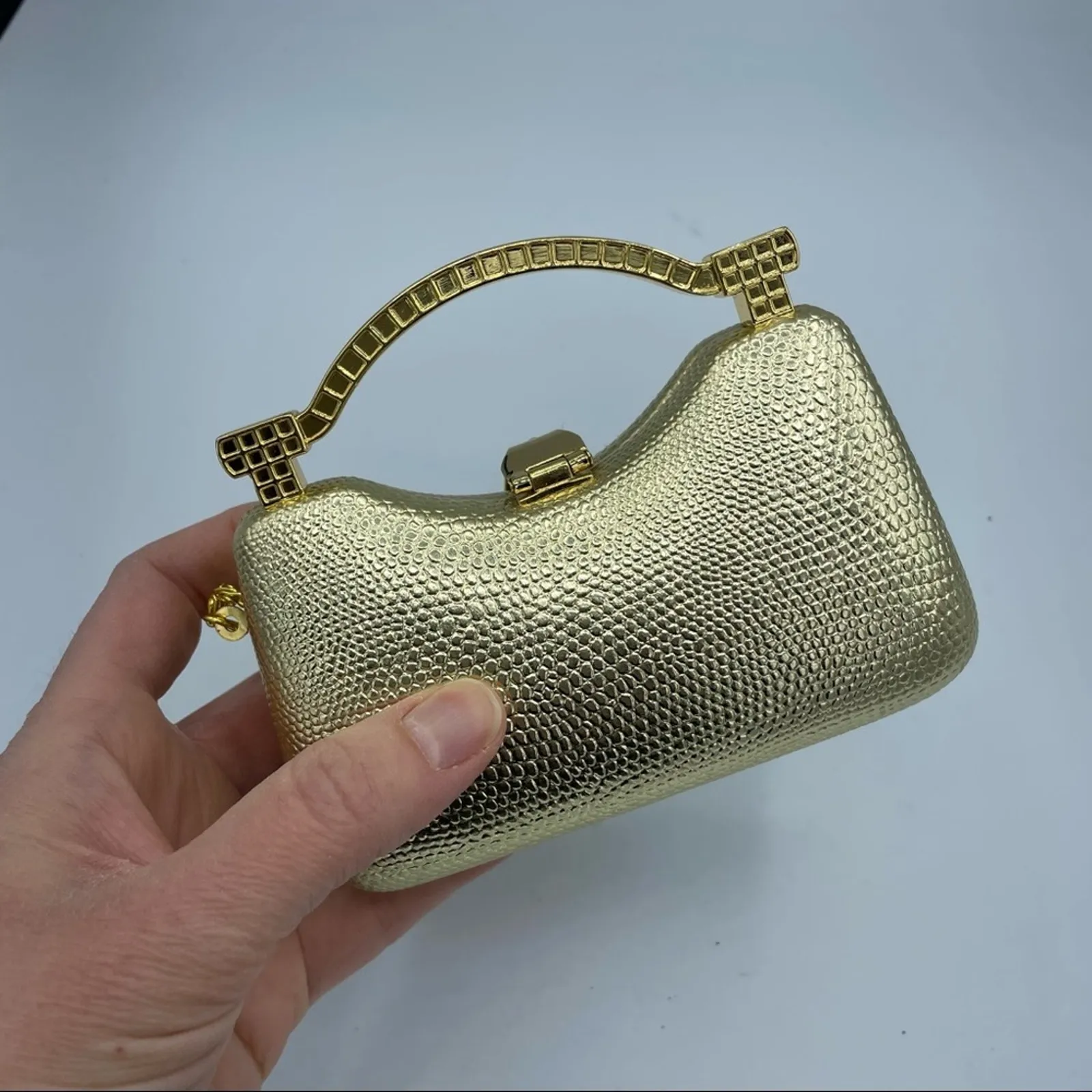 Gold Mini Baby Crossbody Handbag With Rhinestones Y2K Hard Shell Chain Strap - Image 6