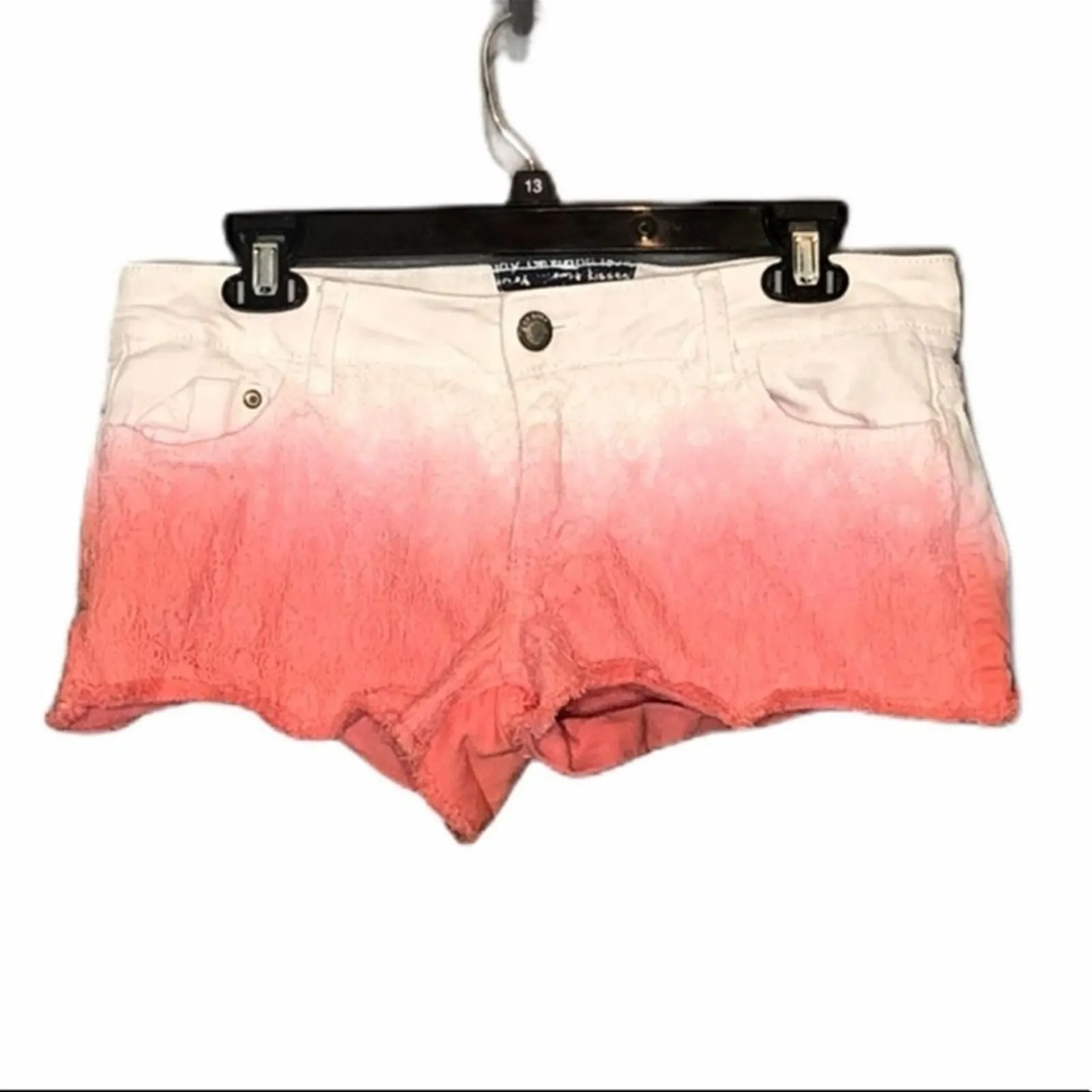 Hot Kiss Pink White Ombré Lace Denim Shorts Juniors Size 11 Raw Hem - Image 3