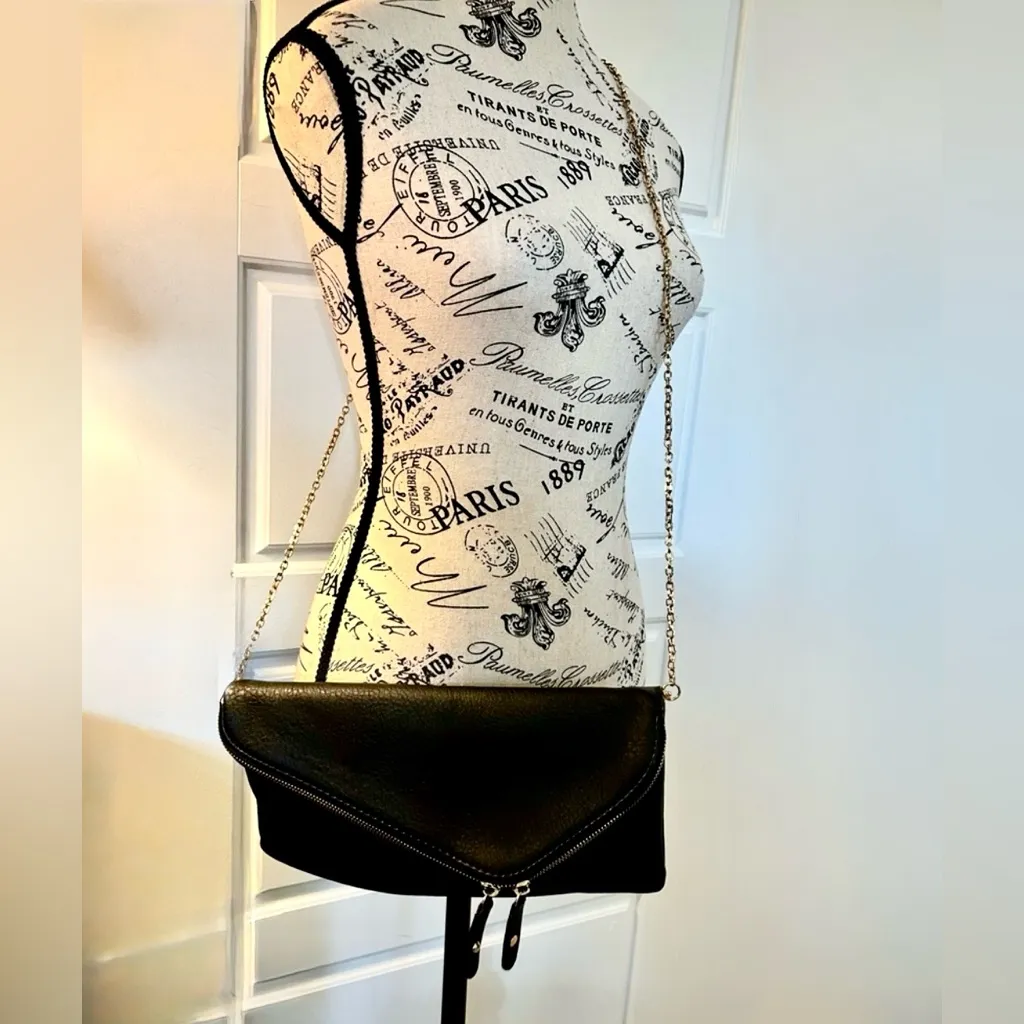 Urban Expression Stella Fold Over Black Vegan Leather Clutch Gold Chain Strap - Image 11