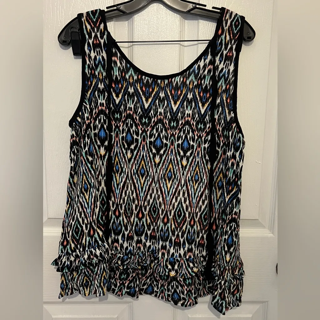 DEMOCRACY Women’s Ikat Print Scoop Neck Ruffle Hem Tank Top Size XL - Image 2