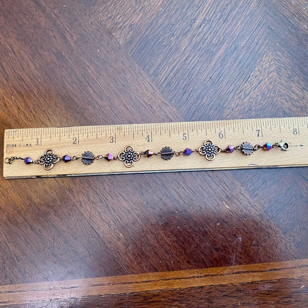 Copper Tone Wire Wrapped Metal Flower Bracelet with AB Sparkling Beads Purple - Image 3