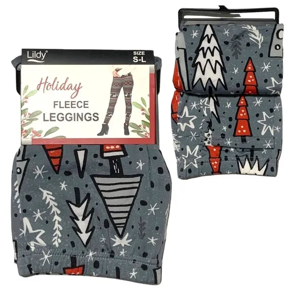 Lildy Fleece Lined Leggings Christmas Tree Holiday Print Grey Red OS Sm to Lrg Gray Size undefined - Image 2