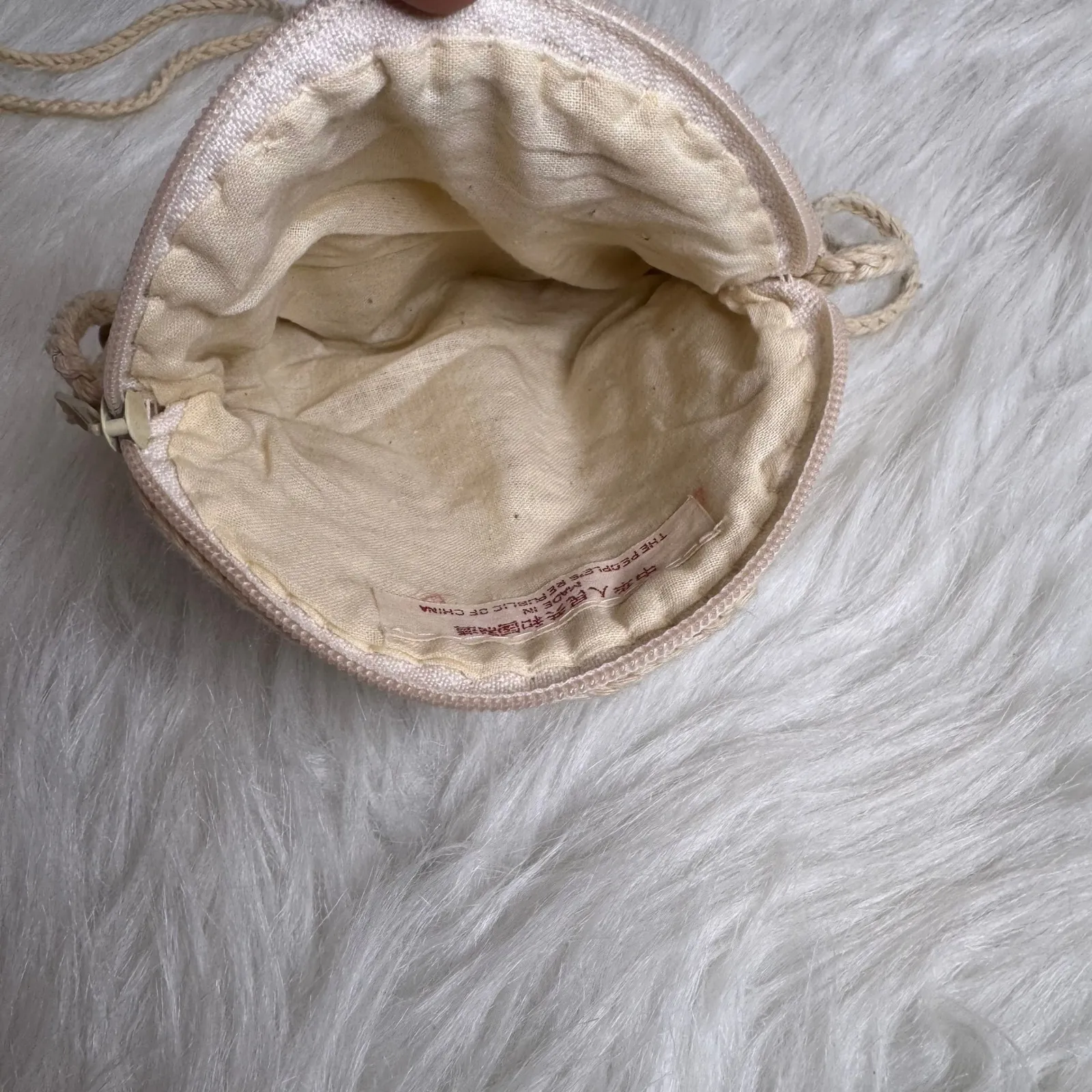 Crochet Round Crossbody Bag Beige Beaded Strap Zipper Closure Made in China Brown - Image 7