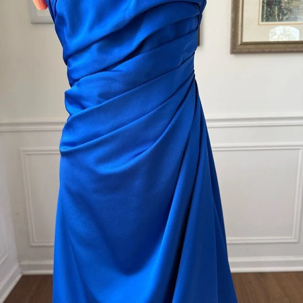 David’s Bridal One Shoulder Satin Ballgown with Fan Detail Cobalt Blue Horizon 8 - Image 4