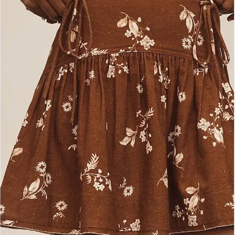 Anthropologie Basque Waist Mini Skirt Brown Cream Floral Bows cotton linen Fall - Image 2