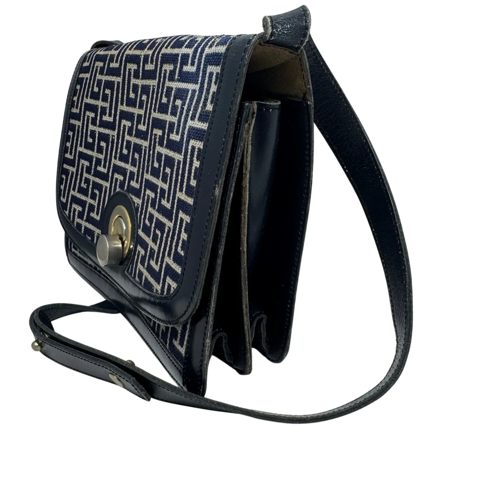 Balmain Vintage Monogram Canvas & Leather Crossbody Bag Navy Gold Hardware - Image 4