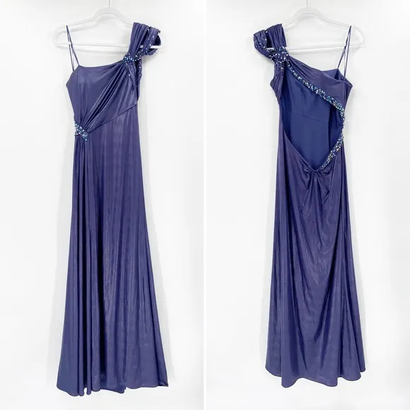 La Femme Navy Blue Beaded One Shoulder Open Back Maxi Evening Gown Size 6 - Image 2