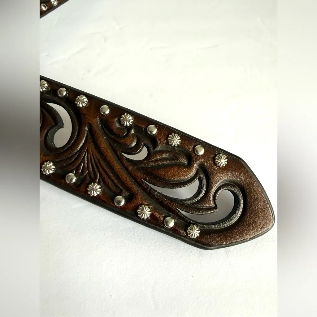 Ariat Western Tooled Brown Leather Belt Rhinestone Buckle Conchos Cowgirl Size L - Image 5