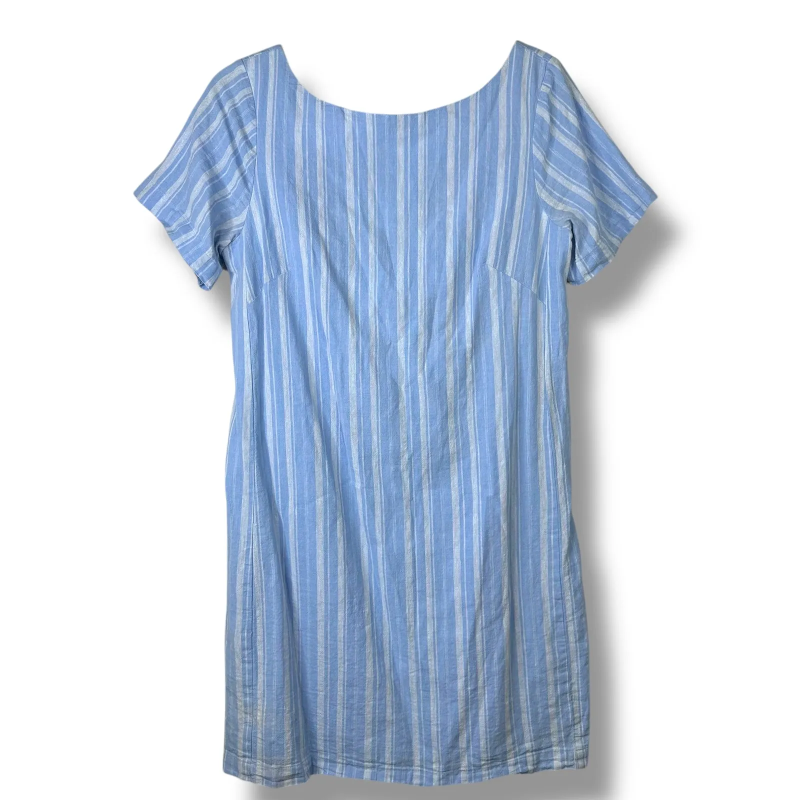 By Anthropologie Cape May Blue Stripe Boat Neck Bow-Tie Back Linen Mini Dress - Image 4