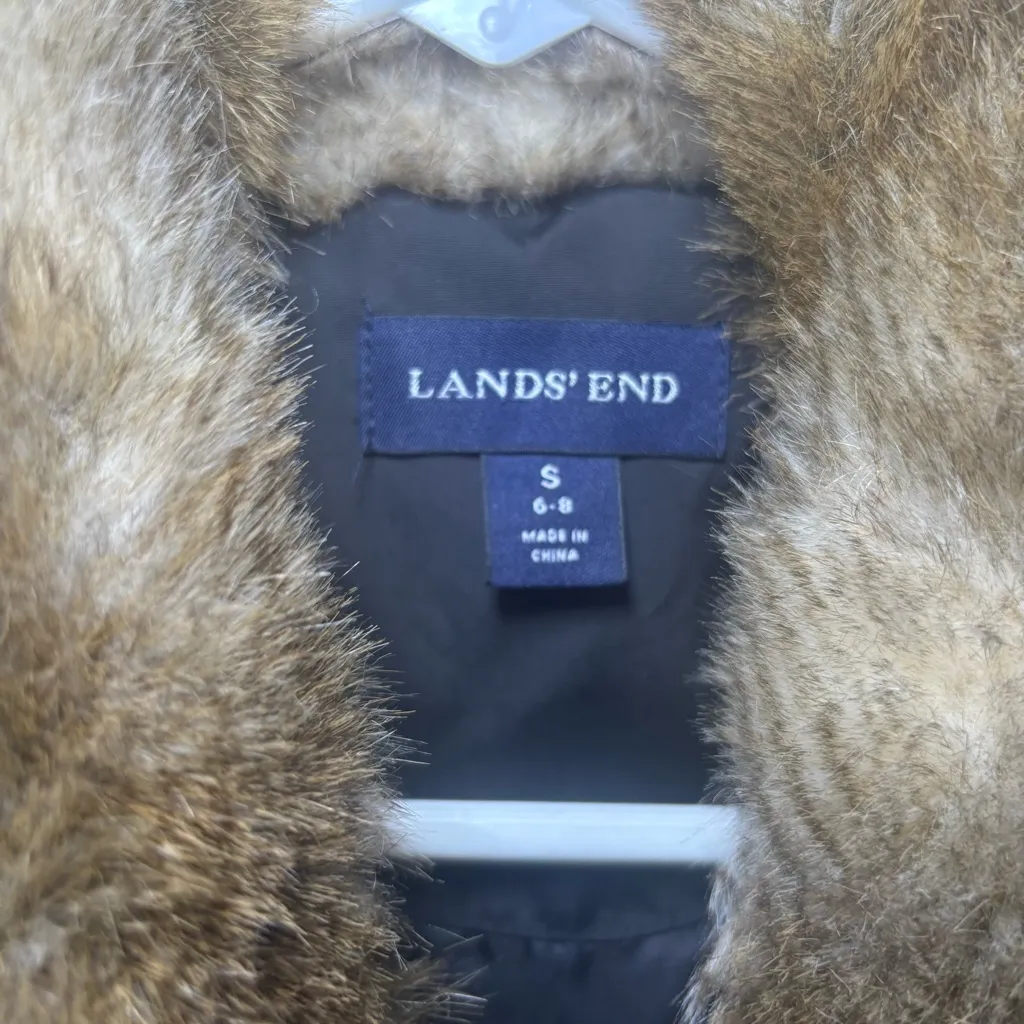 Lands' End Women's Goose Down Puffer Vest Faux Fur  Hood Small Outdoor - Image 9
