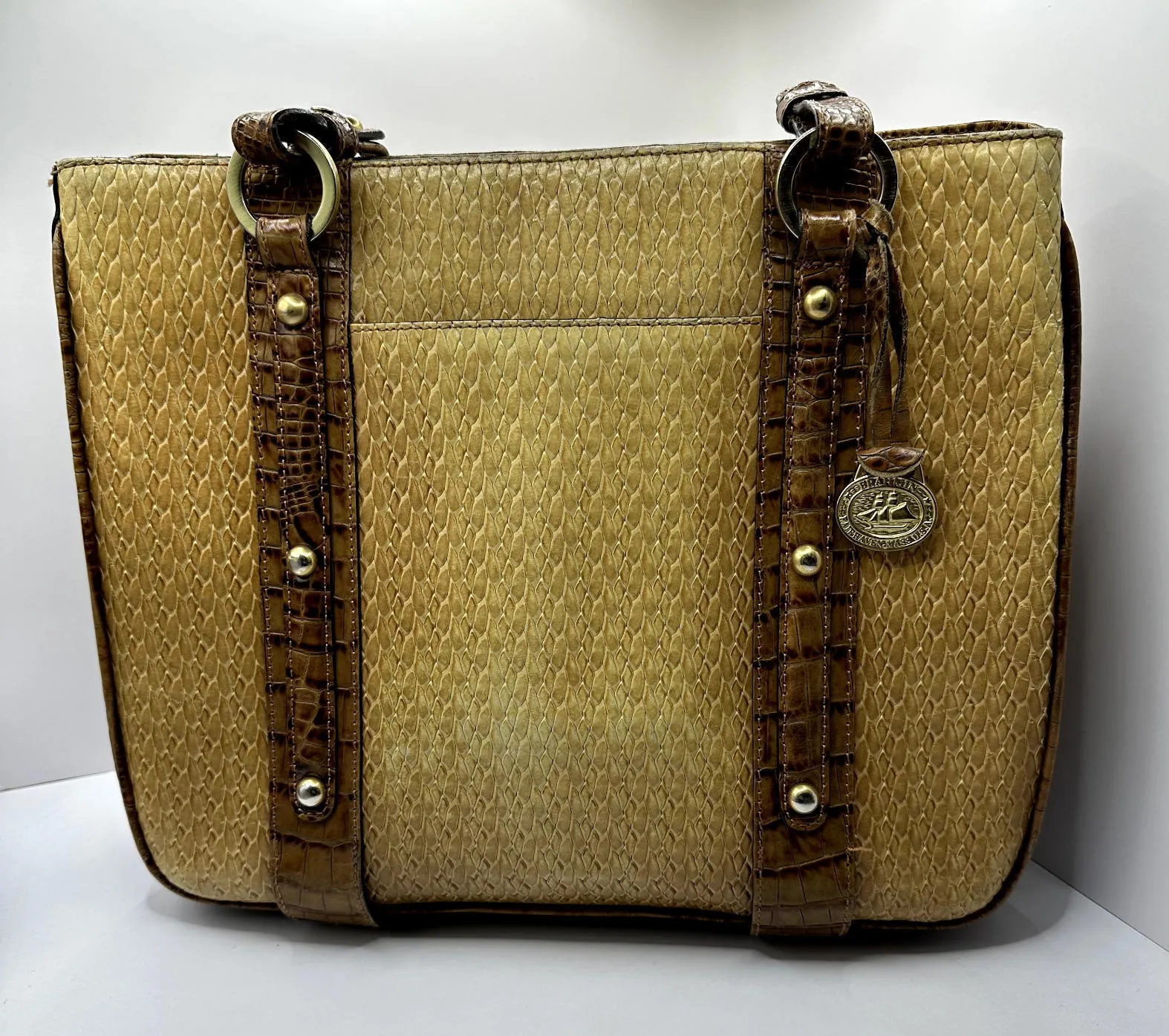 BRAHMIN Vtg Two Toned Embossed Leather Purse HandBag Alligator Croc Tan Brown - Image 1
