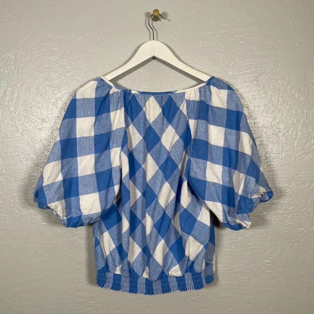 Lane Bryant Women Plus Size 14 Blue White Gingham Plaid Crop Top Balloon Sleeves - Image 5