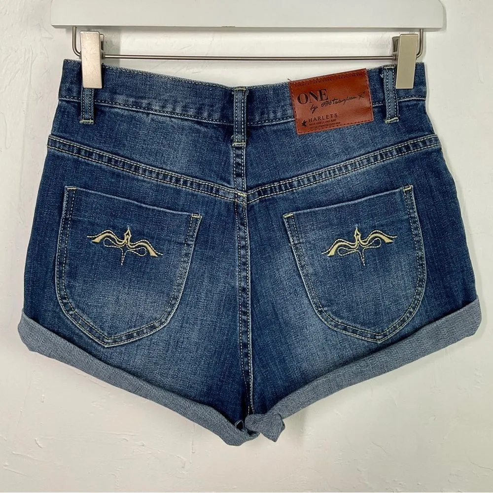 One x One Teaspoon Blue Harlets Cuffed High Rise Denim Jean Shorts 25 - Image 5