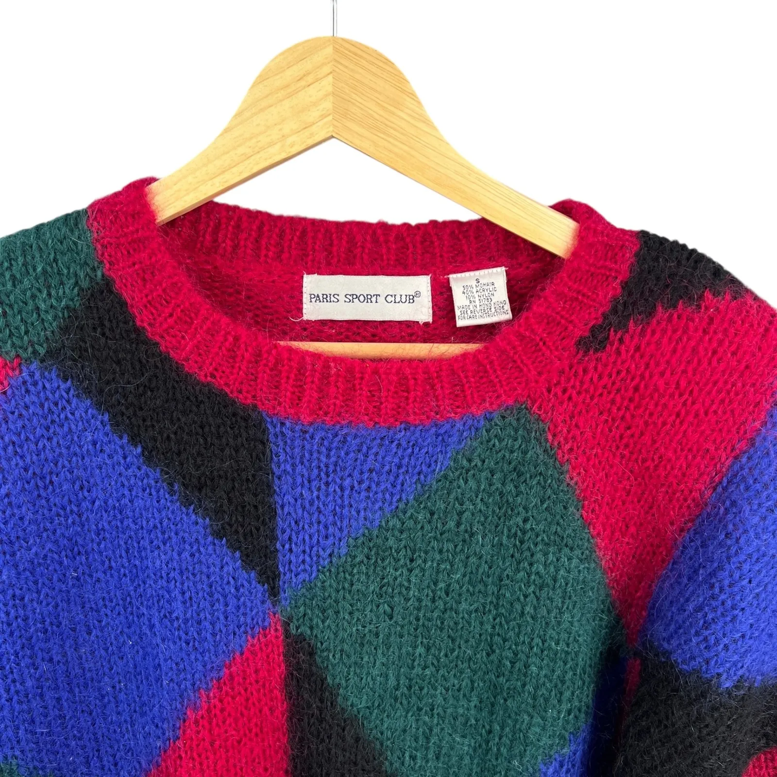 Vintage Paris Sport Club Mohair Blend Oversized Sweater Argyle 80s Style Small Pink - Image 2