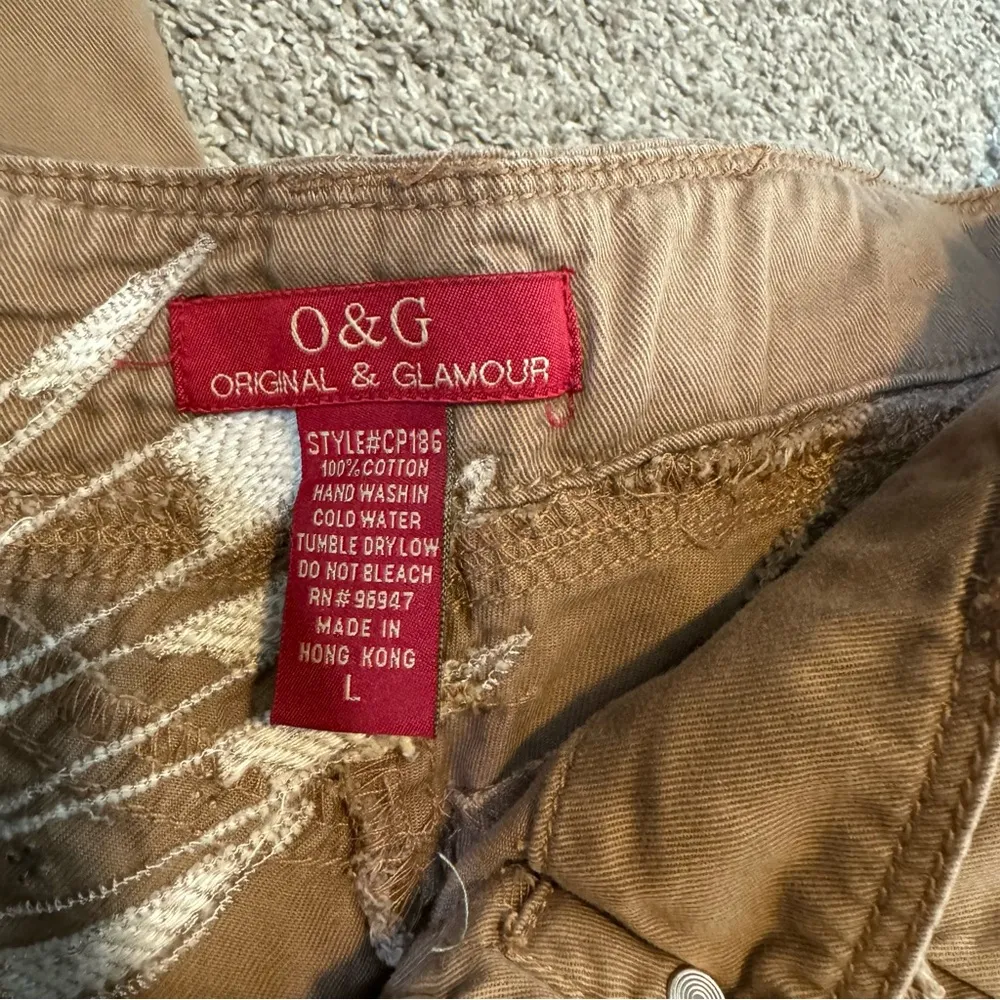 Y2K Original & Glamour Sz Large Cargo Baggy Crop Pants Patchwork Embroidered Tan - Image 16