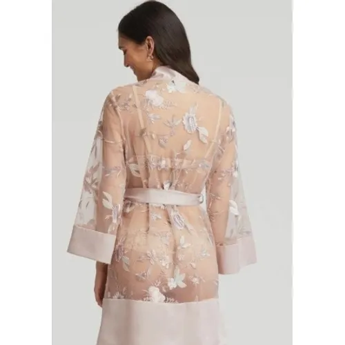 Rya Collection Sepia Rose Embroidered Mesh Kimono Robe Cover Up M L Tan Size L - Image 2