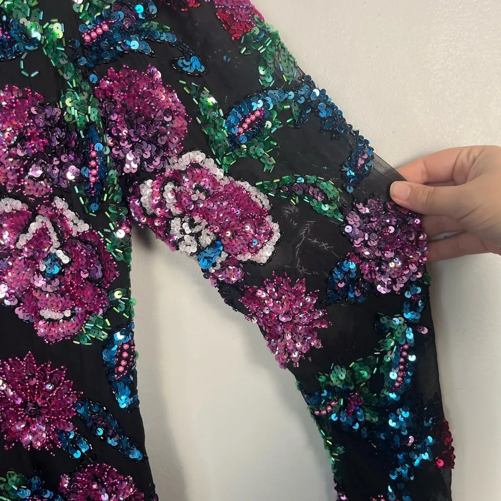 VTG 80s Black Tie Women's Floral Beaded Sequin Ball Gown Midi silk Dress Size 10 - Image 7