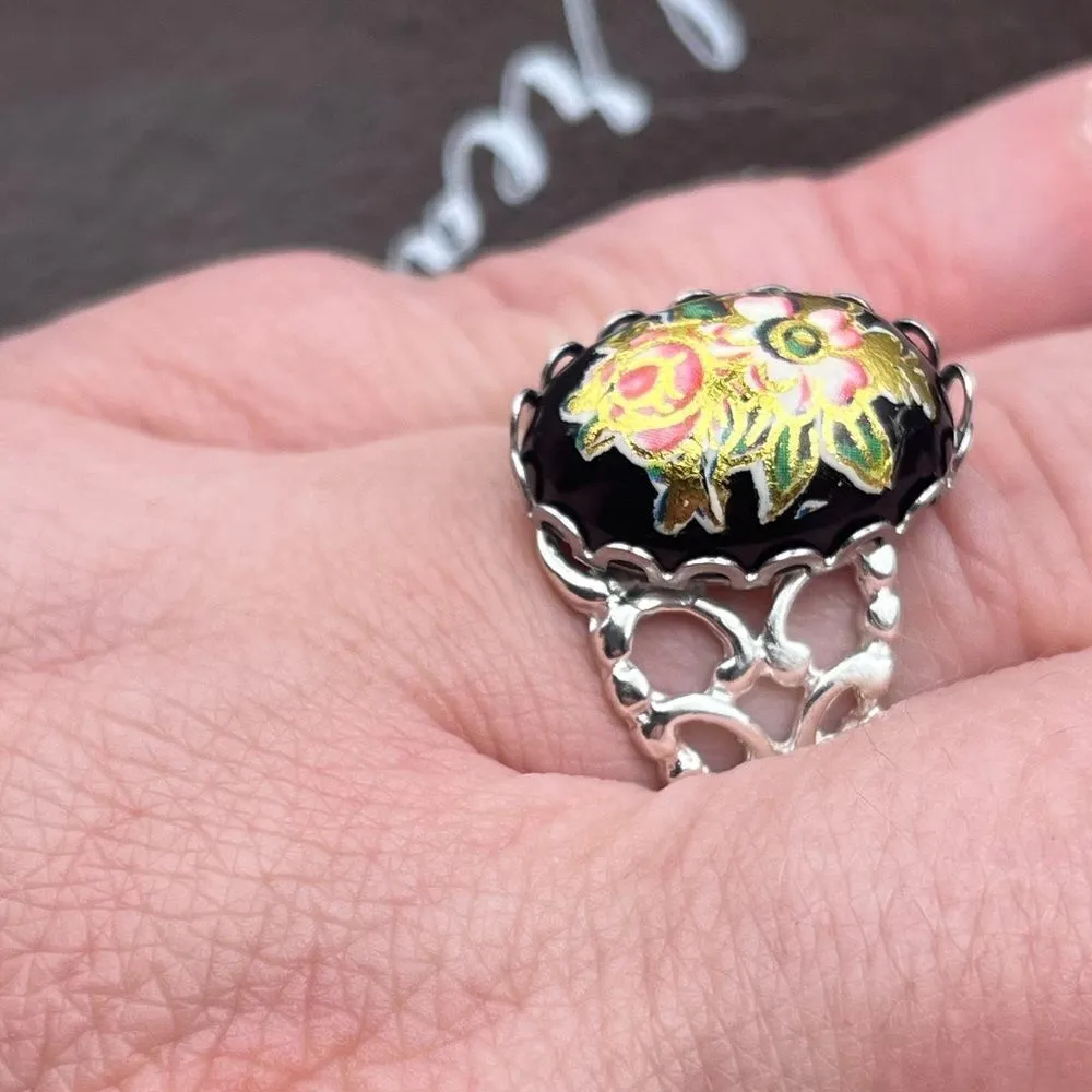 Vintage Floral Glass Cameo Ring | Adjustable Stainless Steel | Holiday Gift Black - Image 13