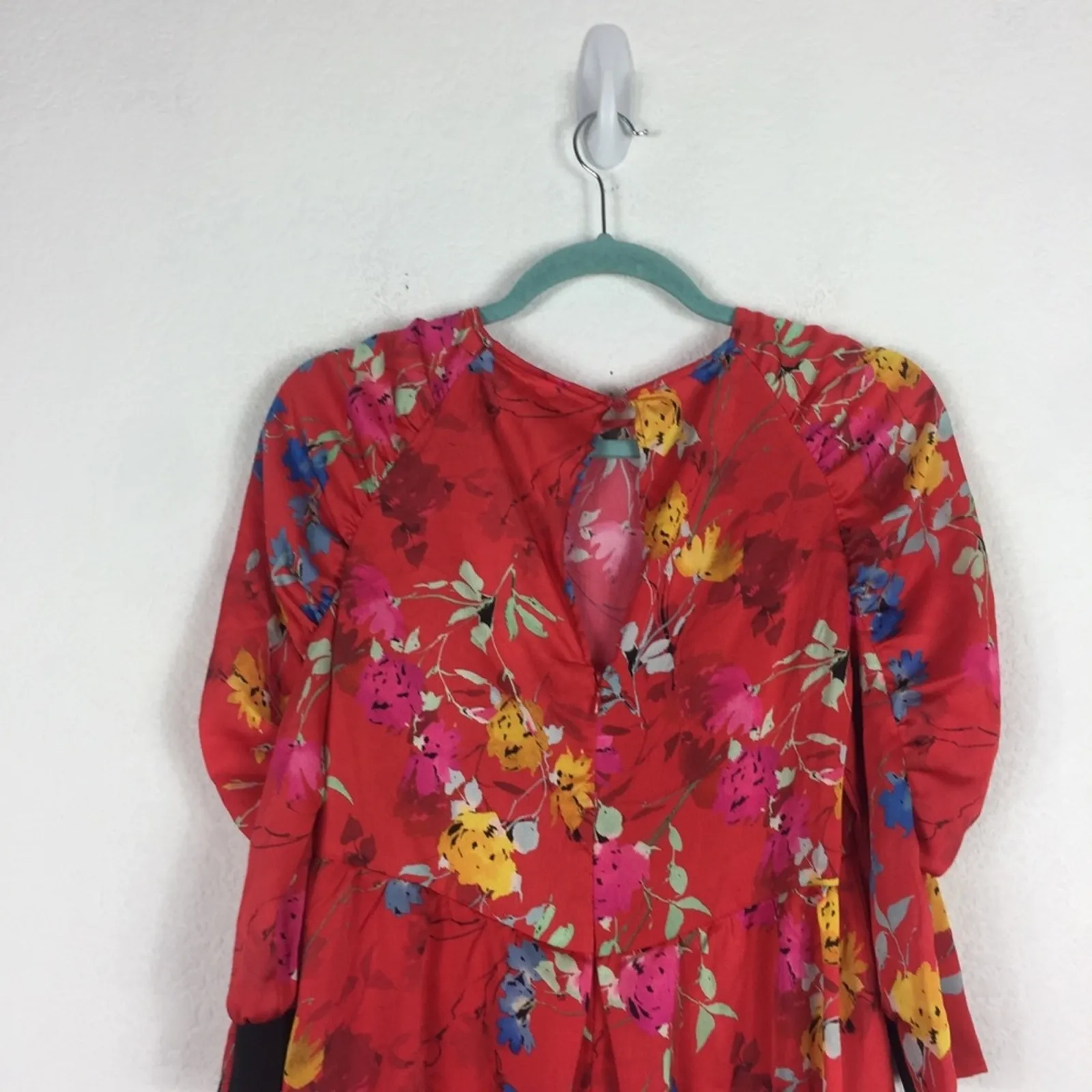 NWT Zara Satin Romper Small Red Japanese Floral Ruffle Puff Sleeve Ruched - Image 14