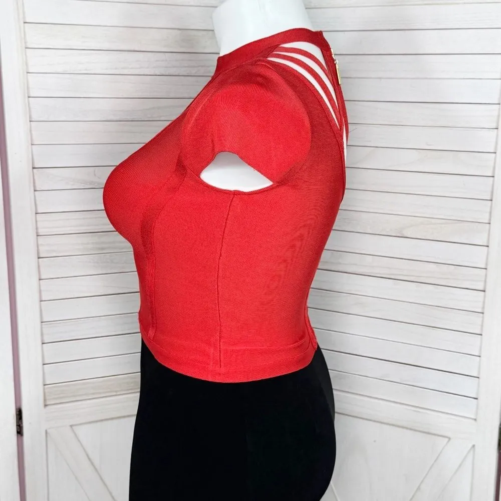 Bebe Cutouts Cage Bodycon Bandage Top Cap Sleeve Cherry Red Large‎ - Image 2