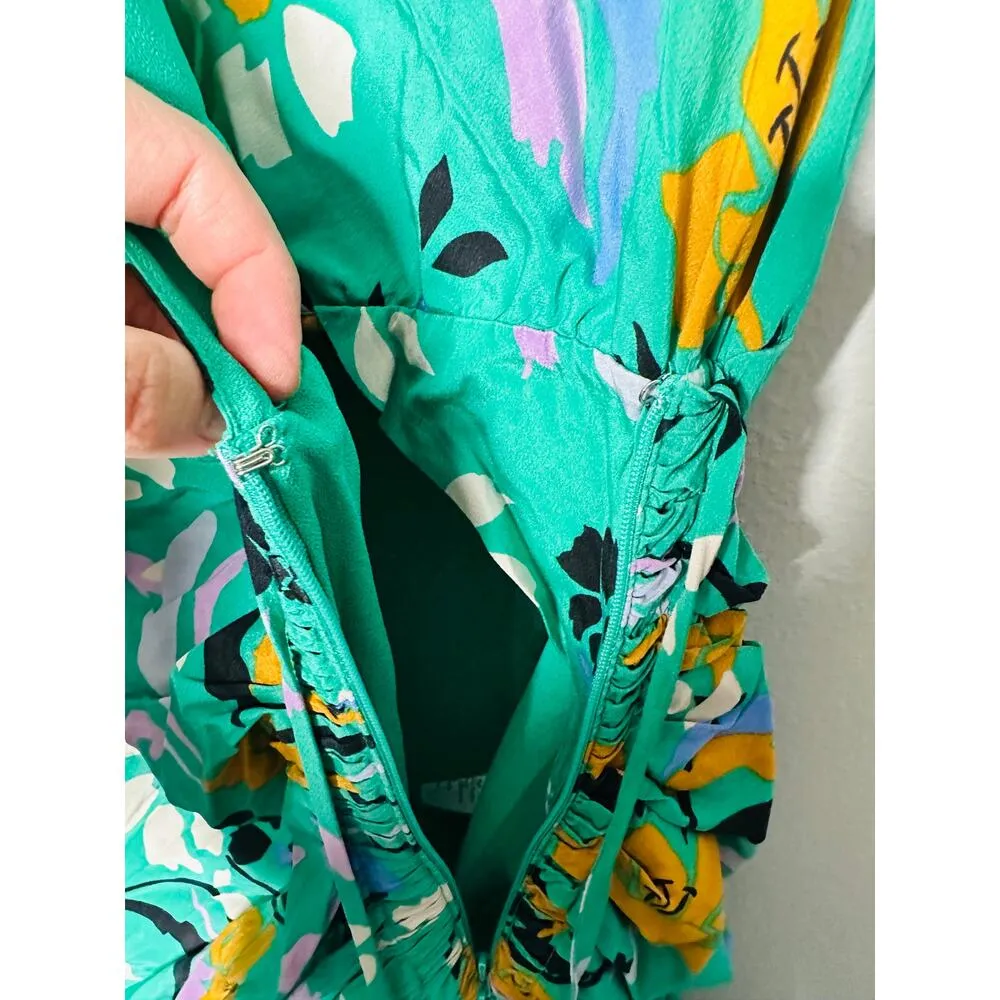 VERONICA BEARD Green Floral Printed Silk Ruched Ruffled Maria Dress Size 4 - Image 8