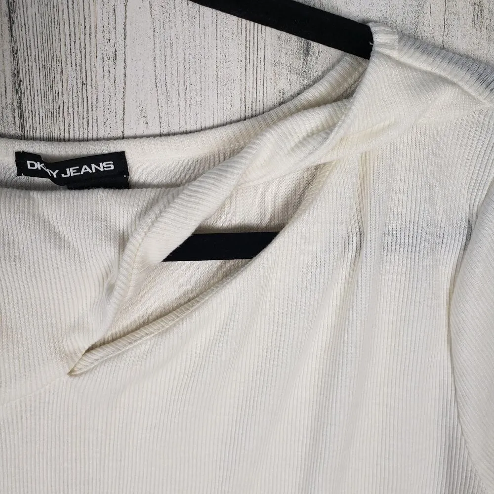 NWOT DKNY Jeans Cream Ribbed Knit Long Sleeve Keyhole Top Women's Size XL - Image 3