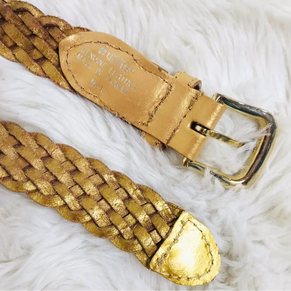 VINTAGE 90s Gold Metallic Woven Leather Belt Braided Y2K Retro Medium Large Gold - Image 8