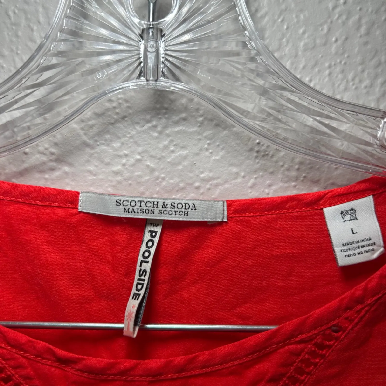 Scotch & Soda Red Eyelet Lace V Neck Short Sleeve Top Women's Size L bold boho - Image 5