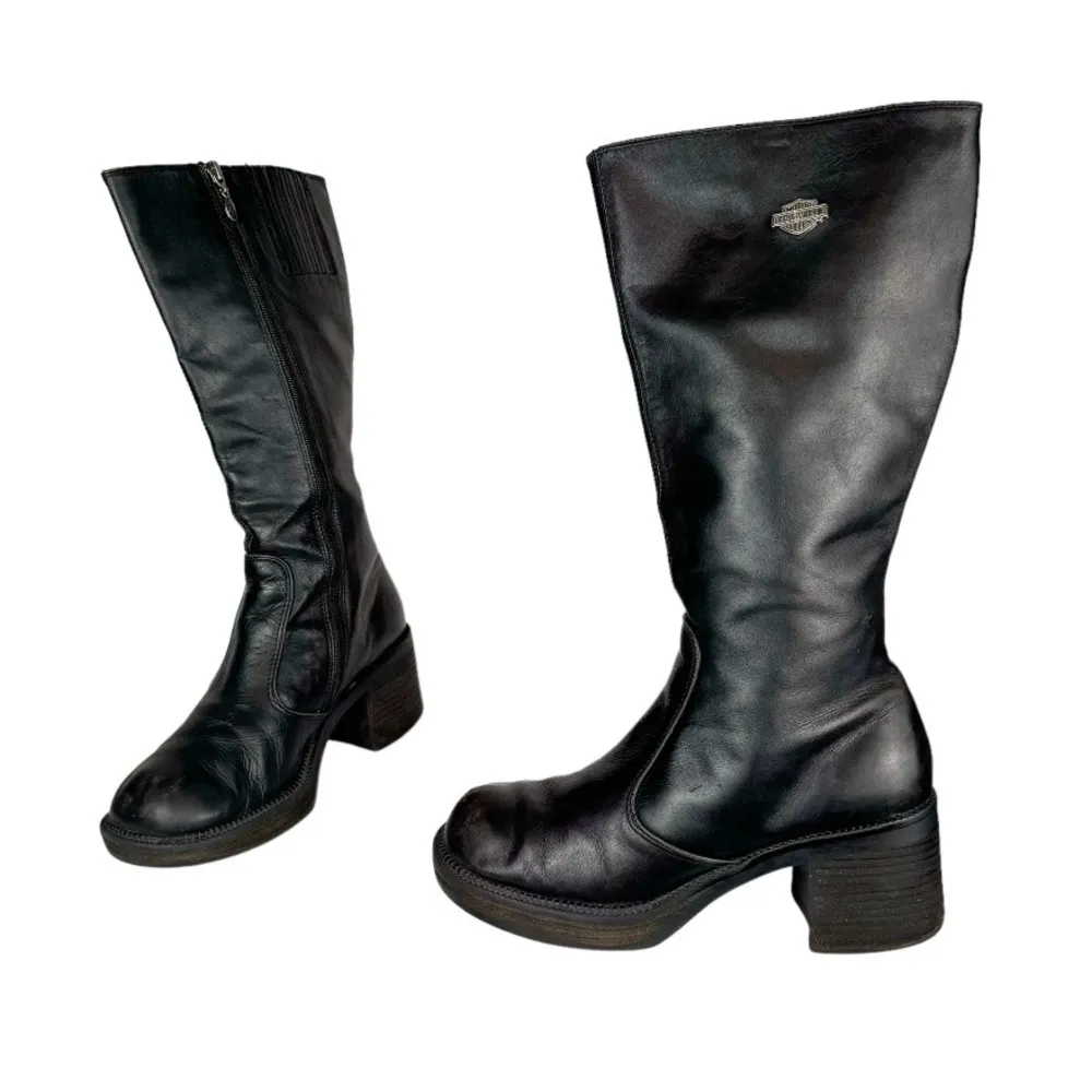 Vtg Y2K Harley Davidson Black Leather Tall Pavement Boots Sz 7.5 Chunky Moto - Image 3