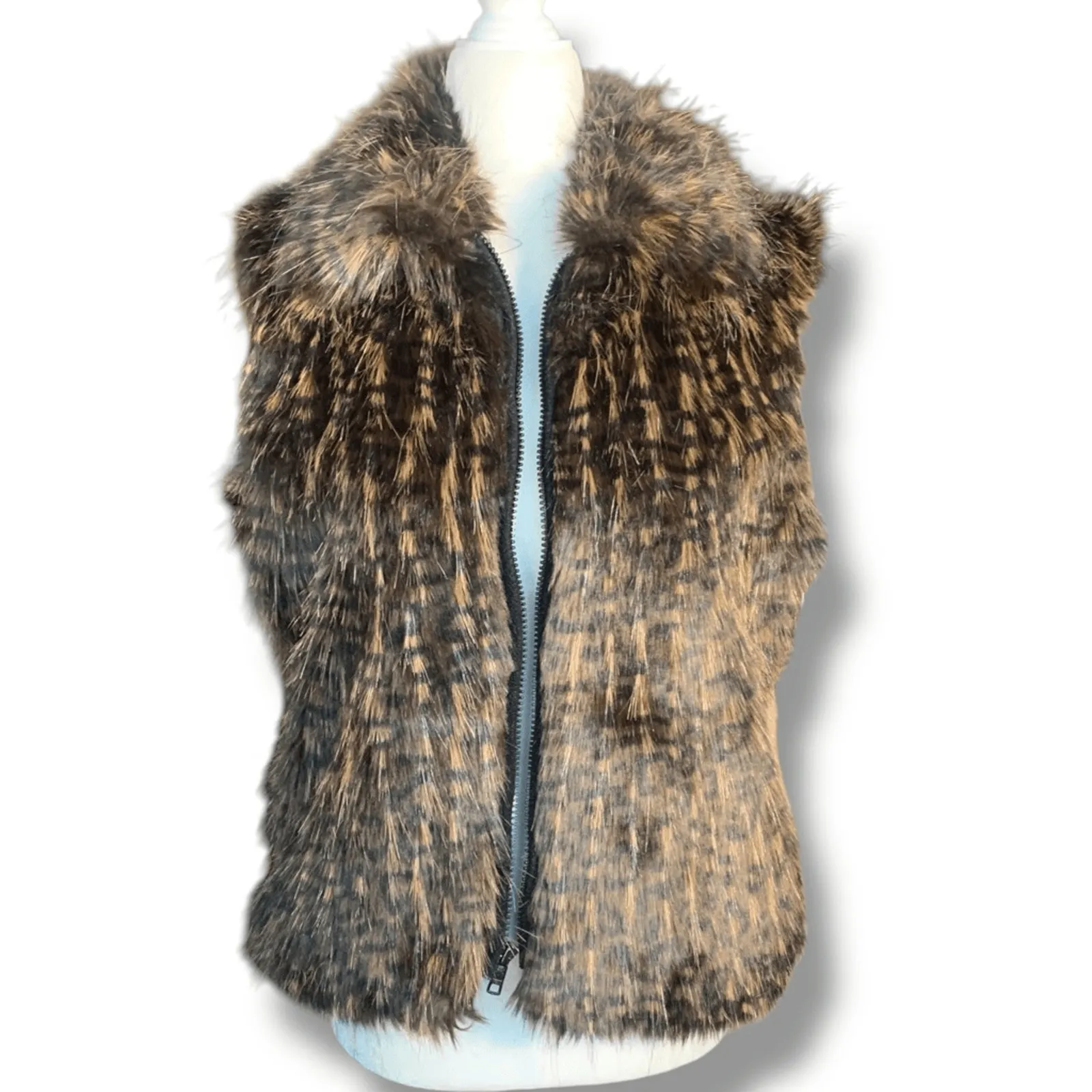 Vintage 90s Faux Fur Vest Brown Black Textured Feathers Small Boho Hippie - Image 9