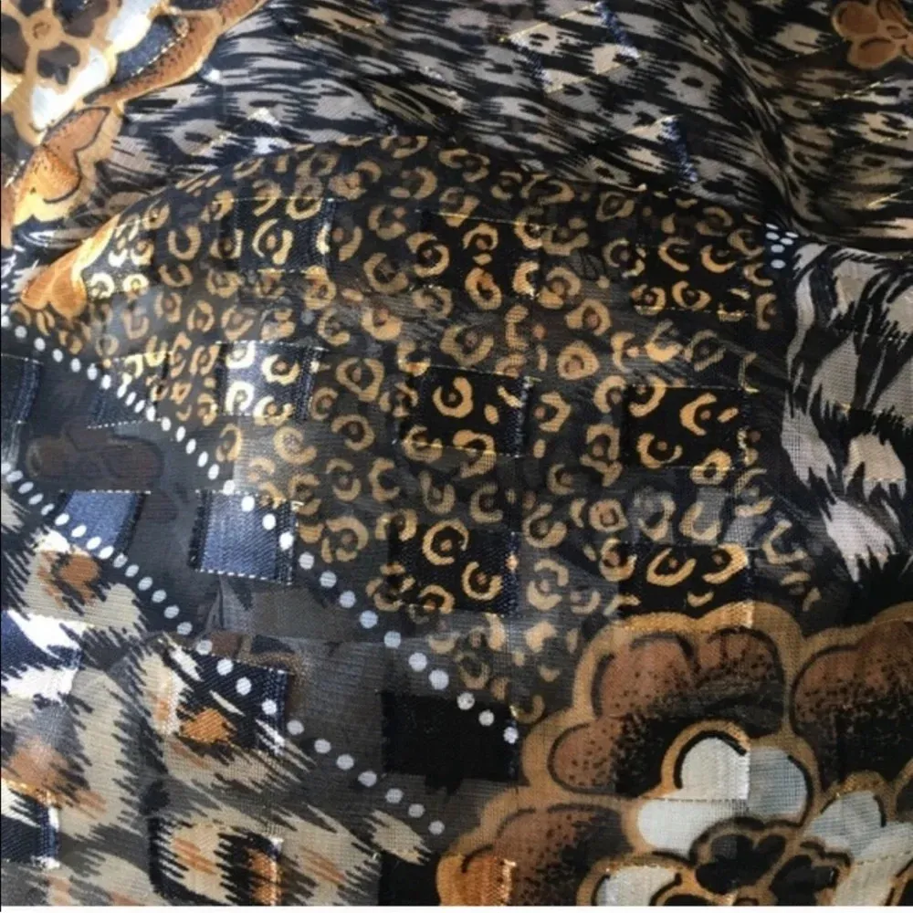 Vintage Lightweight Sheer Button Up Top Black Gold Small Asian Floral Animal - Image 3