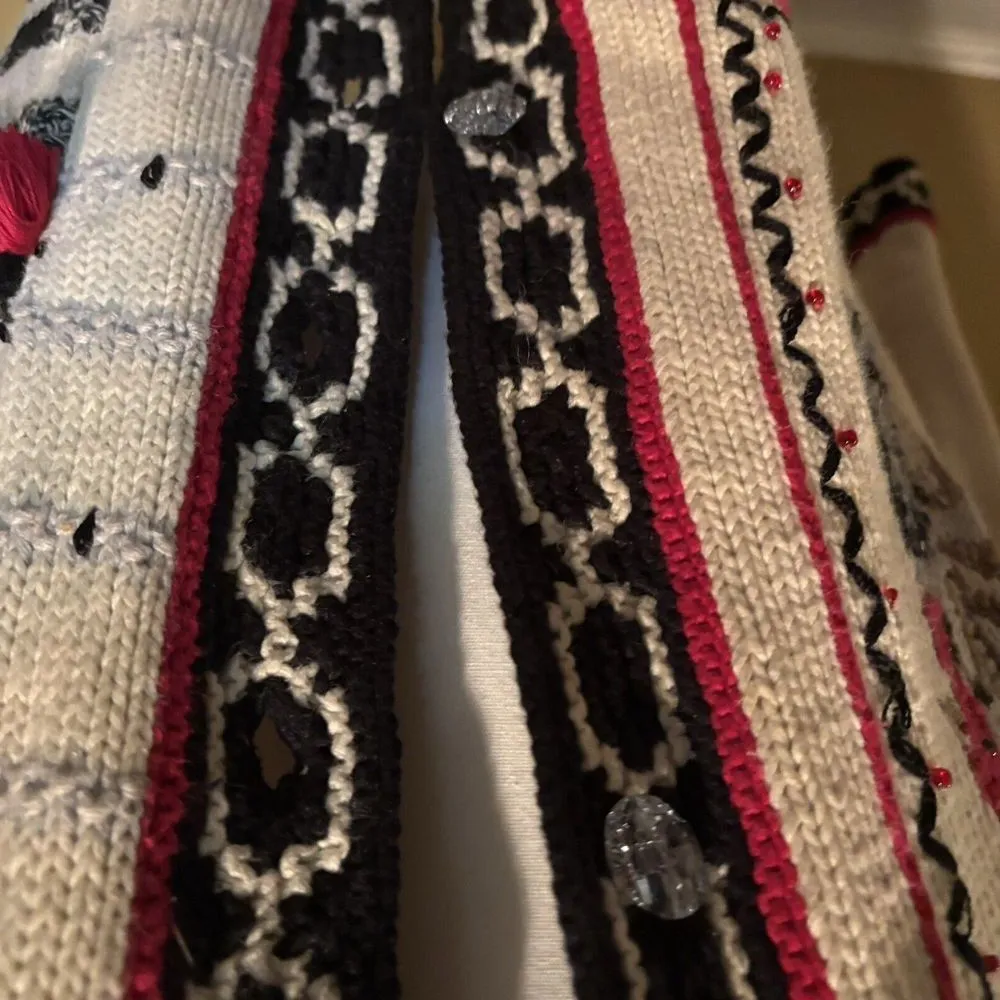 Storybook Knits‎ Cardigan Sweater Cream Black Red Rooster Size Small Tassels - Image 5