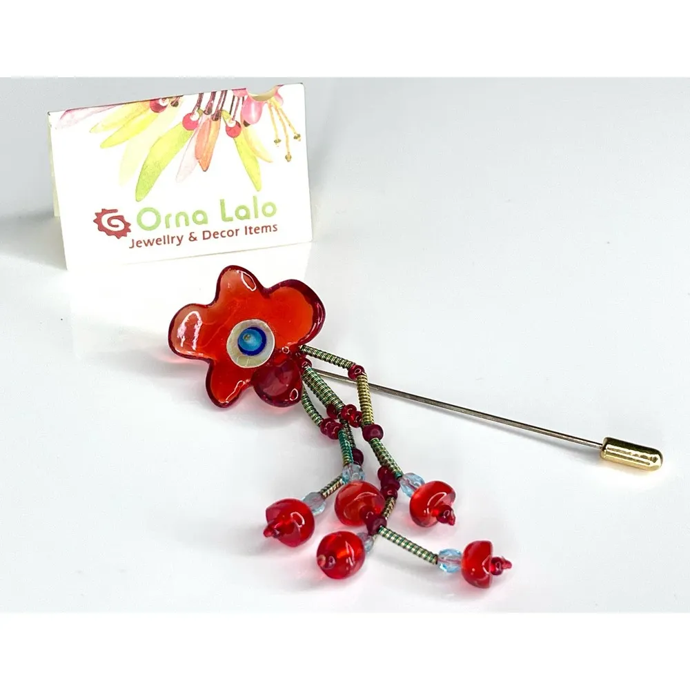 NEW Lalo Resin Art FLOWER HAT PIN BROOCH 3.75" Artisan Signed Red Floral Pin - Image 6