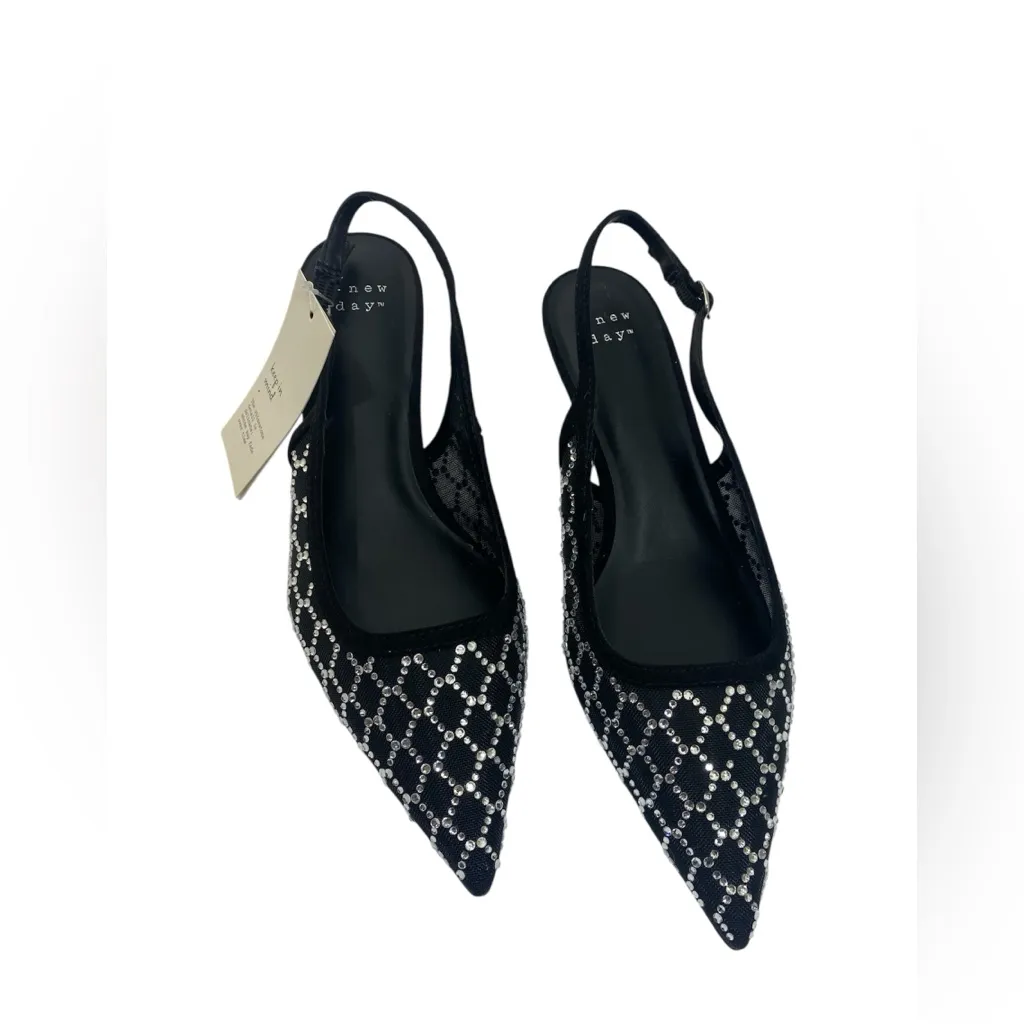 A New Day Women’s 6.5 Slingback Kitten Heels Black Mesh Rhinestone Pointed Toe - Image 2