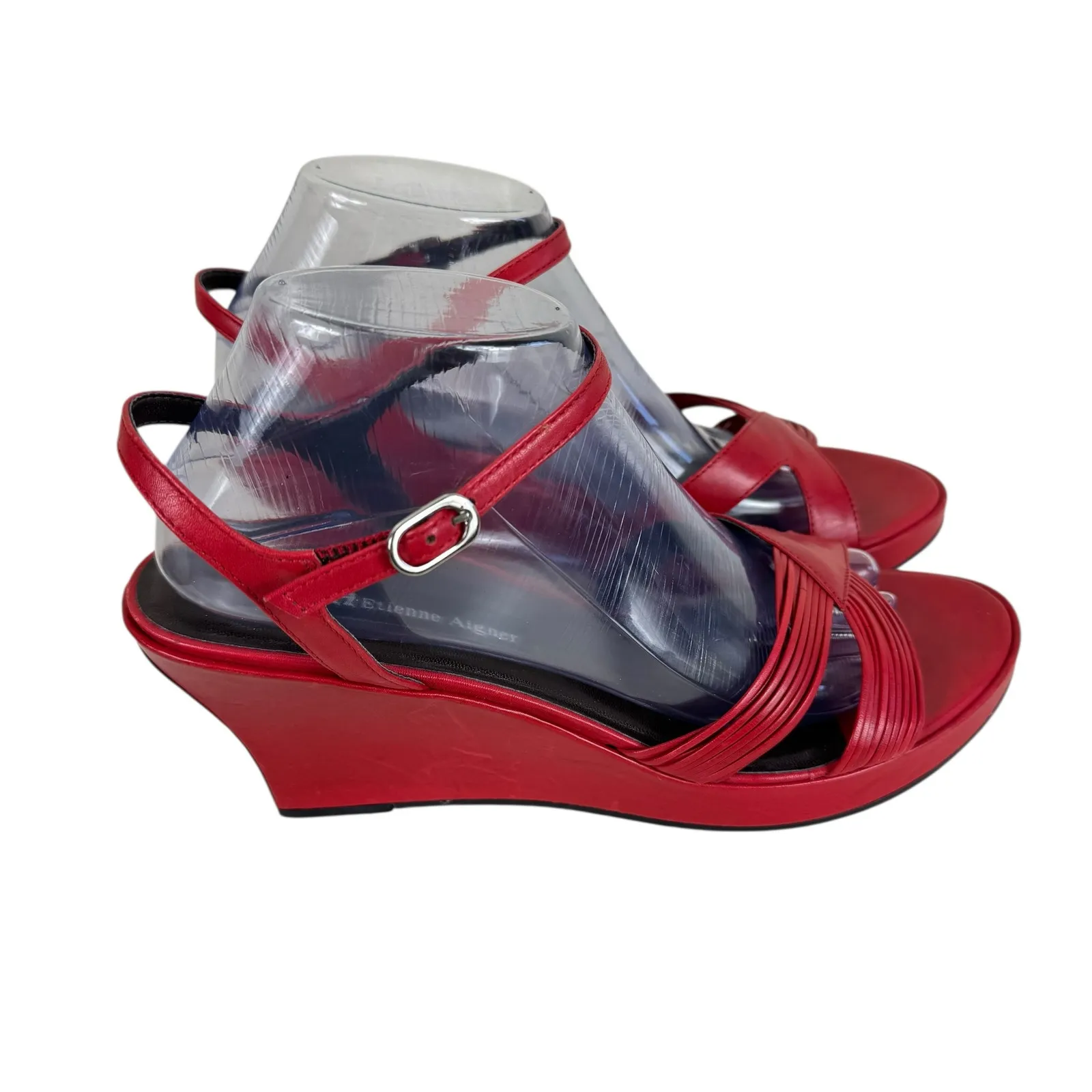 Etienne Aigner Felicity Red Leather Strappy Ankle‎ Strap Wedge Heels Size 9.5 - Image 3